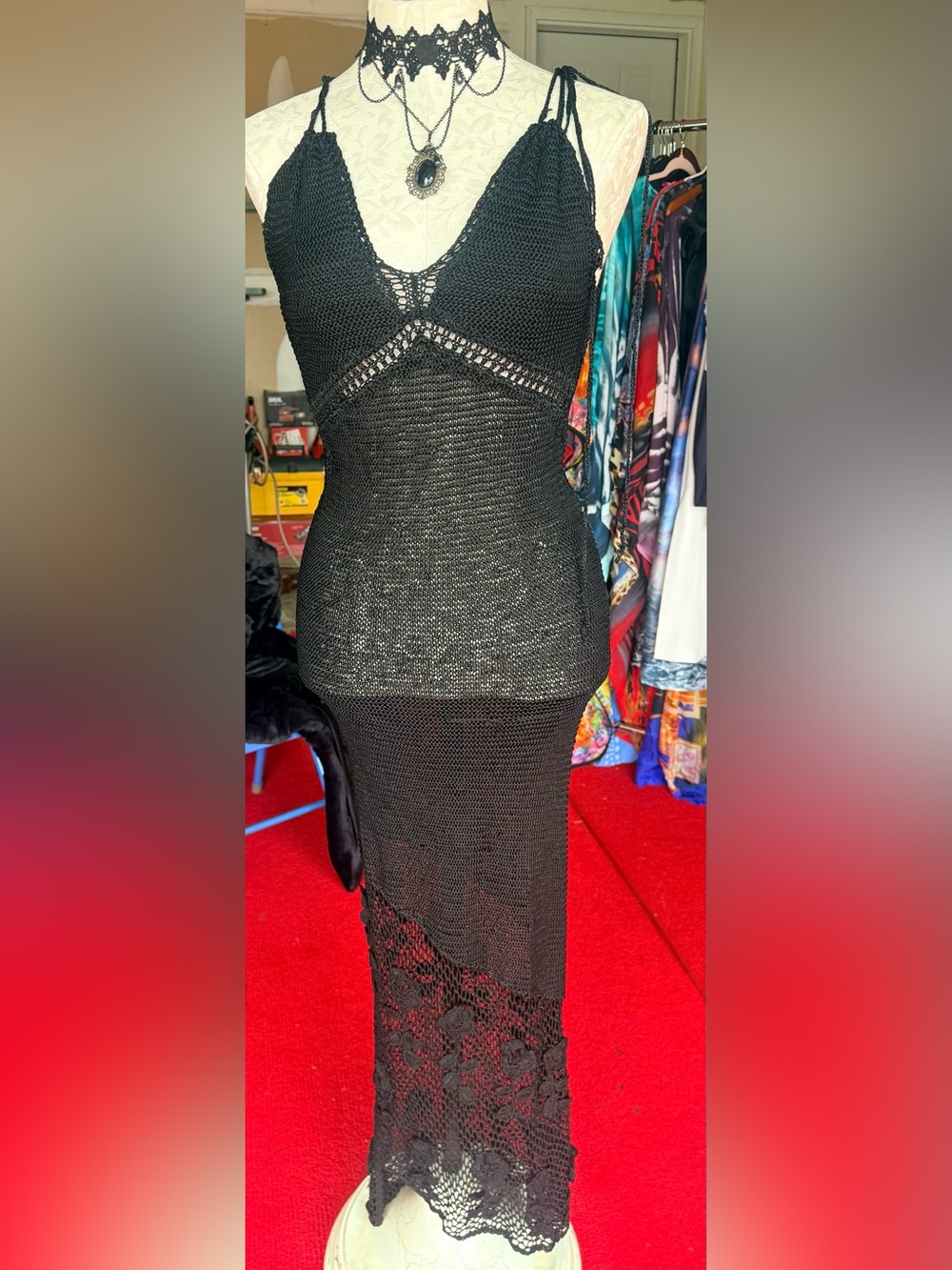 bebe Black Crochet Maxi Dress with Lace Panel